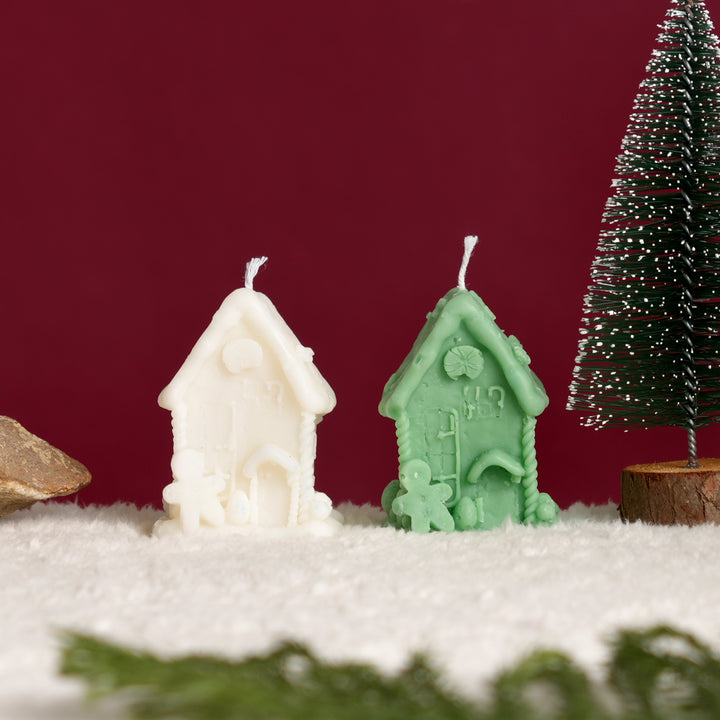 Christmas House Candle (Non-Scented) | White & Green Decorative Holiday Candles, 2 x 4.5 x 5 Inch