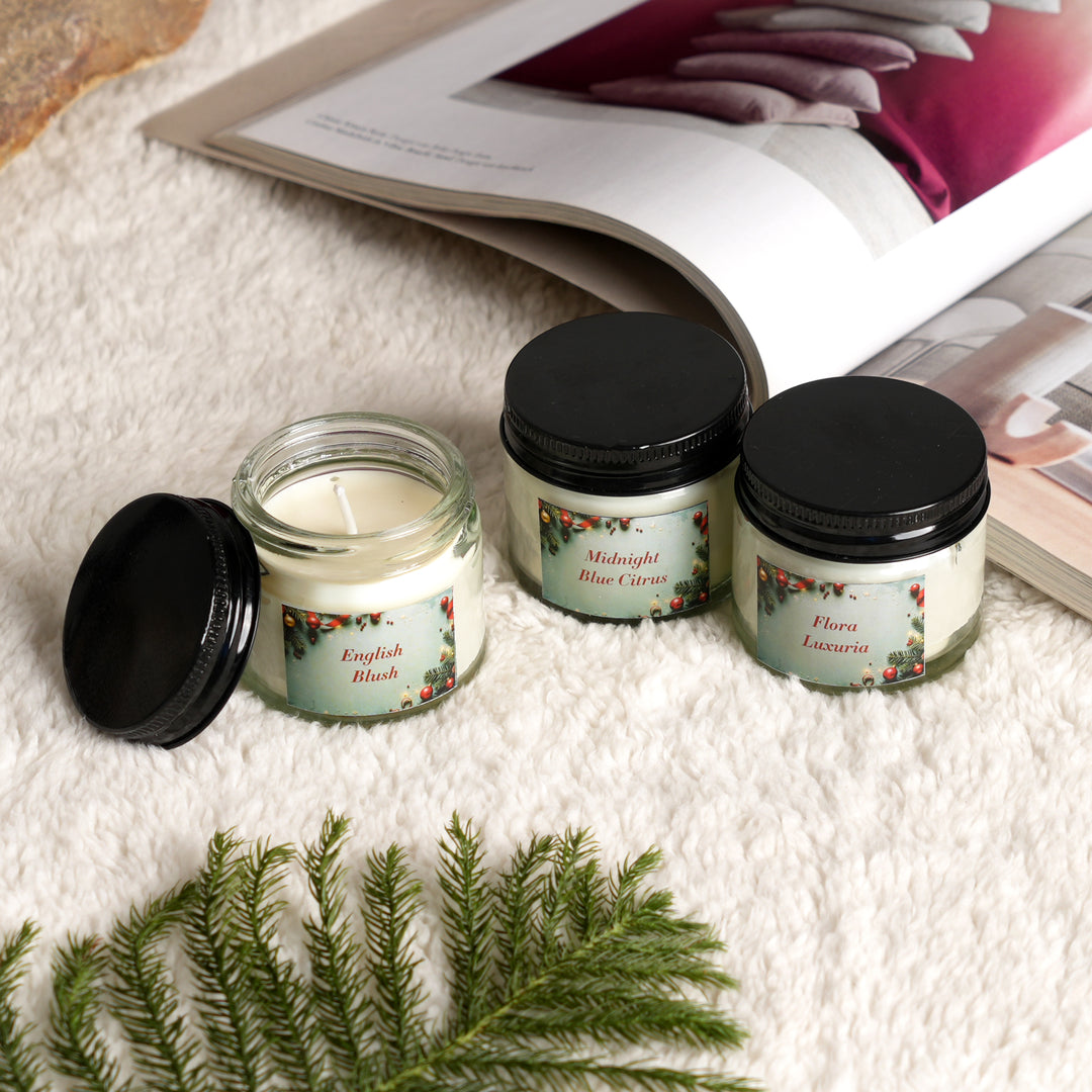 Christmas Decorative Candles | 60 ML Jars with Black Lid