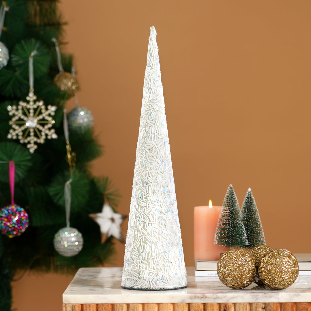 Silver Beaded Cone Christmas Ornament | 18" Festive Decor
