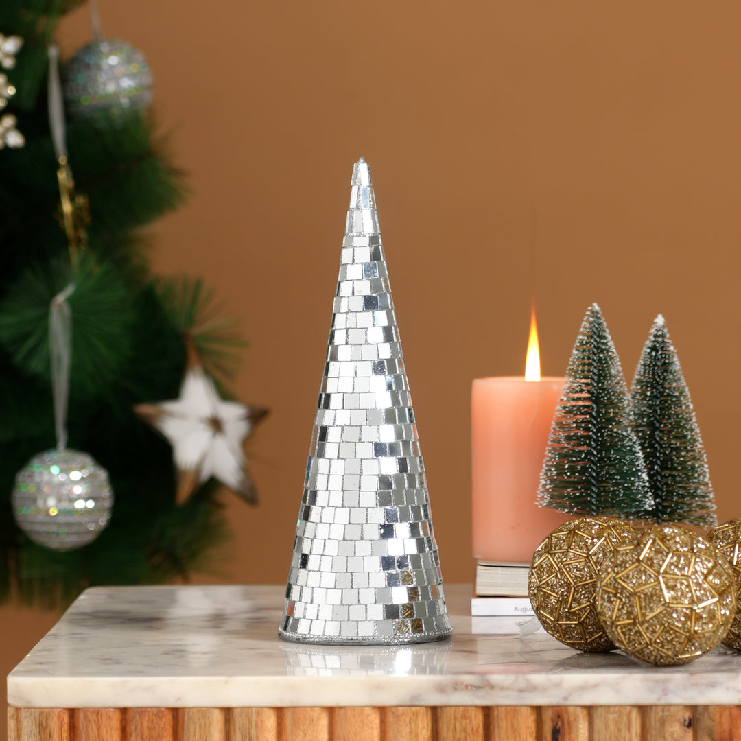 Silver Glass Mosaic Cone Christmas Decorative Ornament