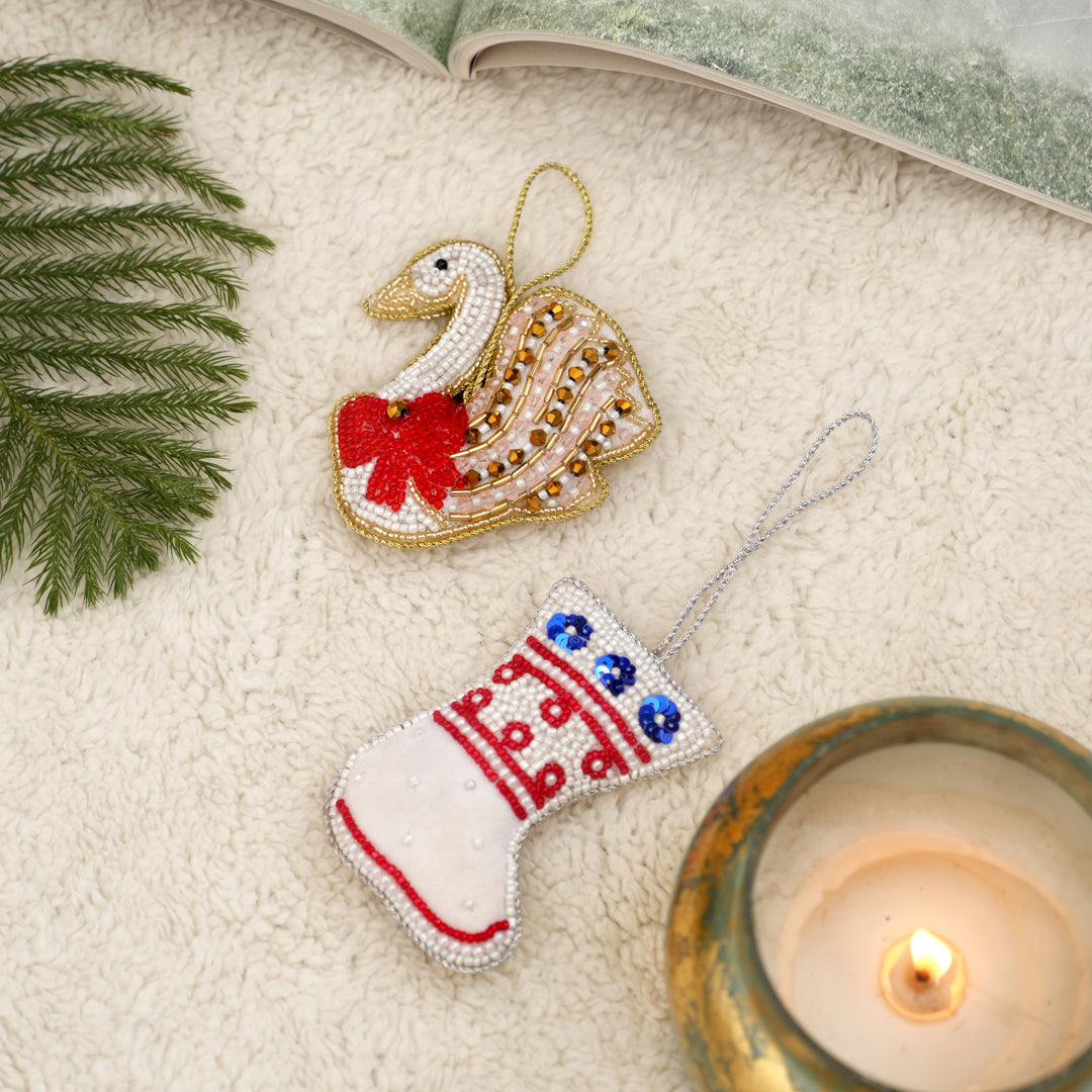 Decorative Hanging Stocking Ornament | White-Red-Blue Décor