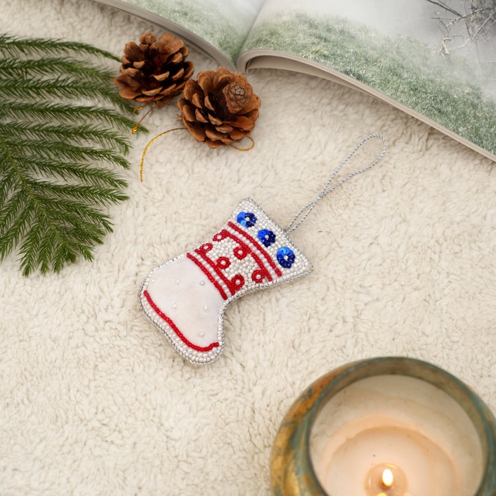 Decorative Hanging Stocking Ornament | White-Red-Blue Décor