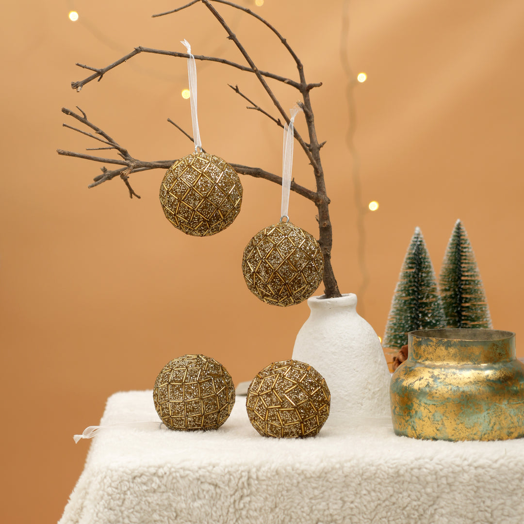 Gold Beaded Hanging Ball Ornaments