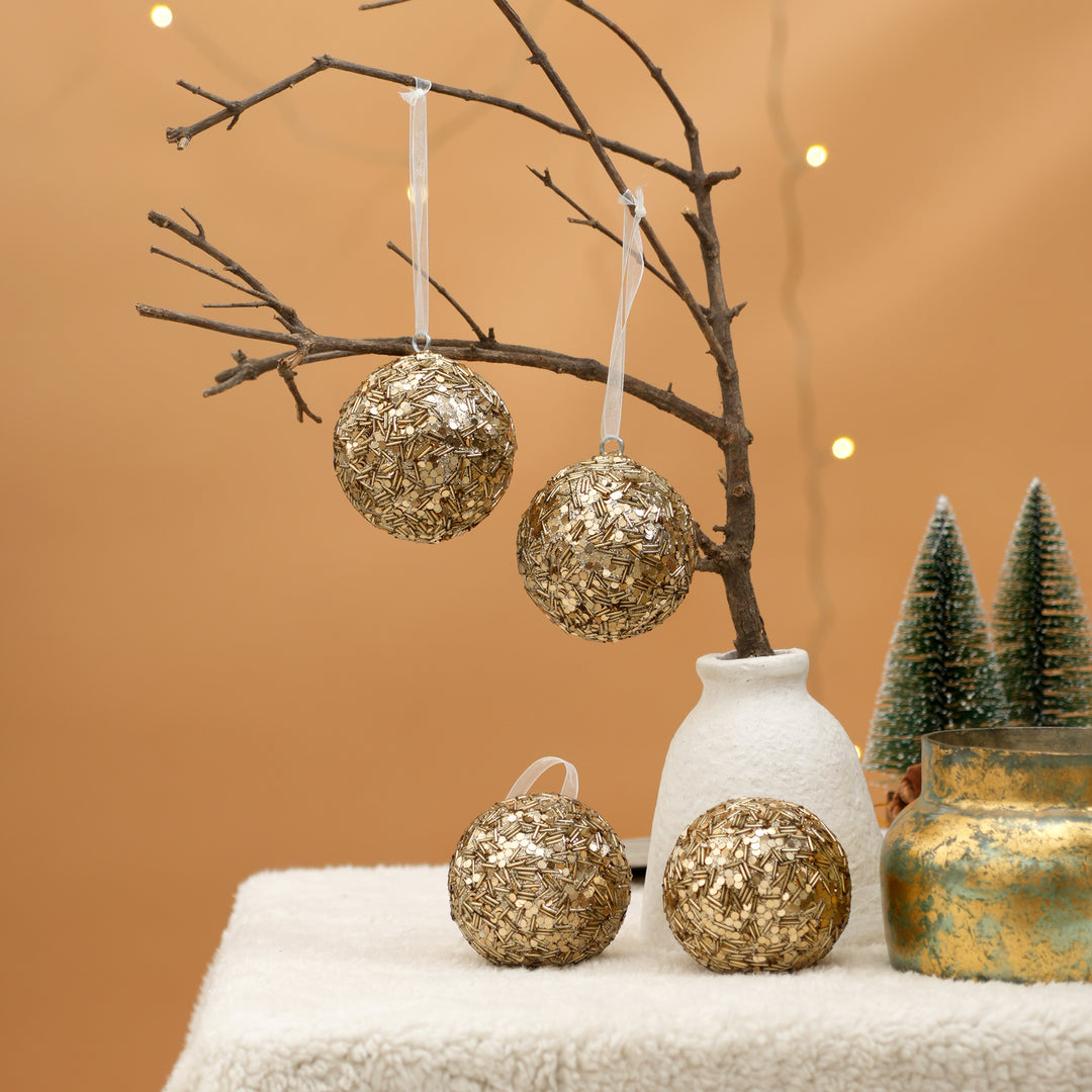 Gold Beaded Hanging Ball Ornaments | Christmas Décor