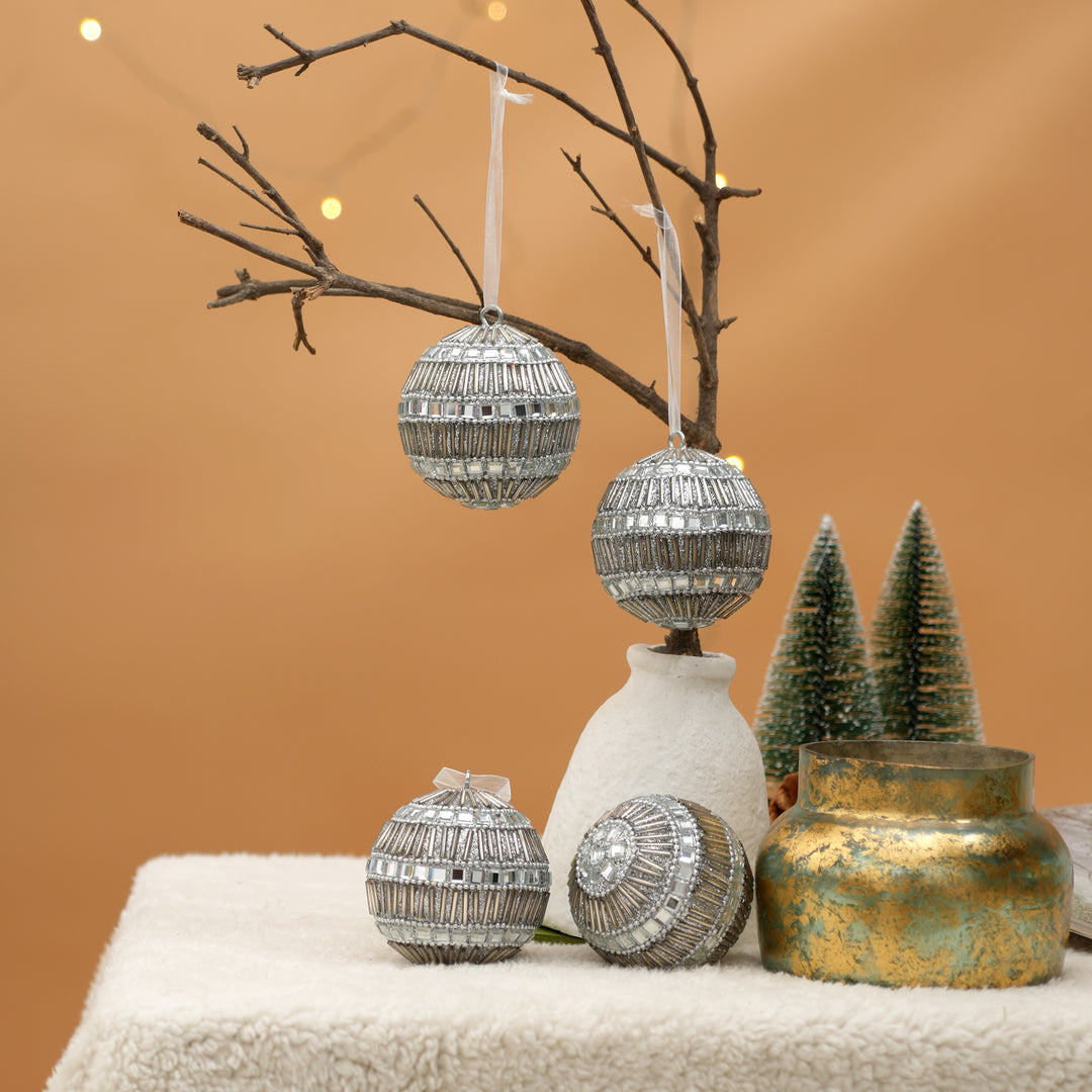 Silver Beaded Hanging Ball Ornaments