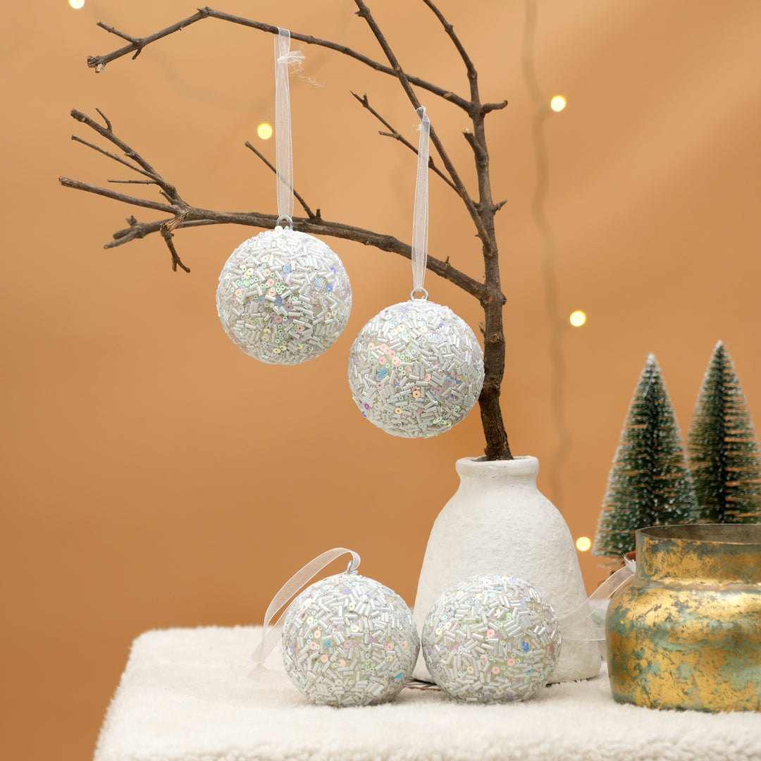 White Beaded Hanging Ball Ornaments