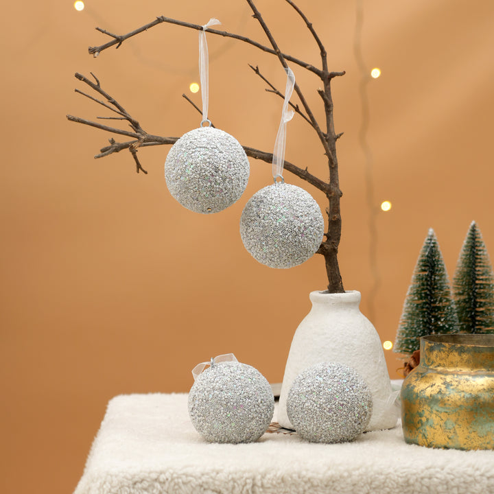 Silver Beaded Hanging Ball Ornaments