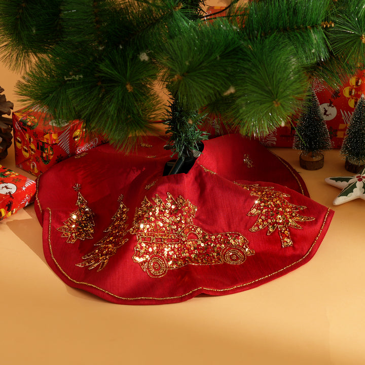 Red Beaded Christmas Tree Skirt 22"