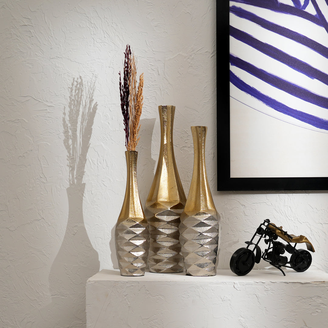 Decorative Sleek Metallic Aluminum Vases – Set of 3 Table Accents in Gold & Nickel Finish