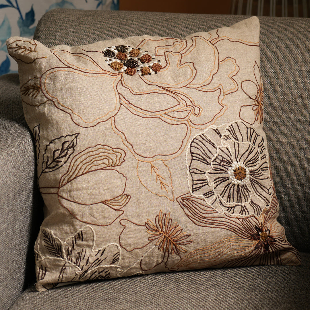 100% Linen Embroidery Cushion  Beige