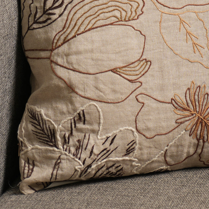 100% Linen Embroidery Cushion  Beige