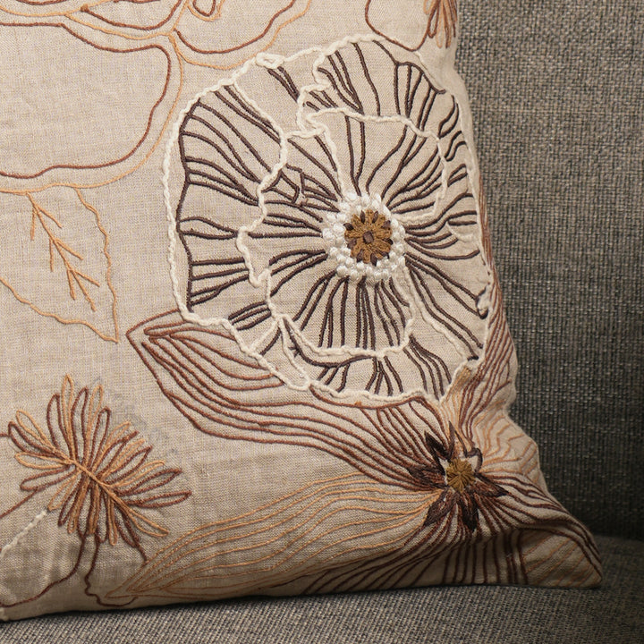 100% Linen Embroidery Cushion  Beige