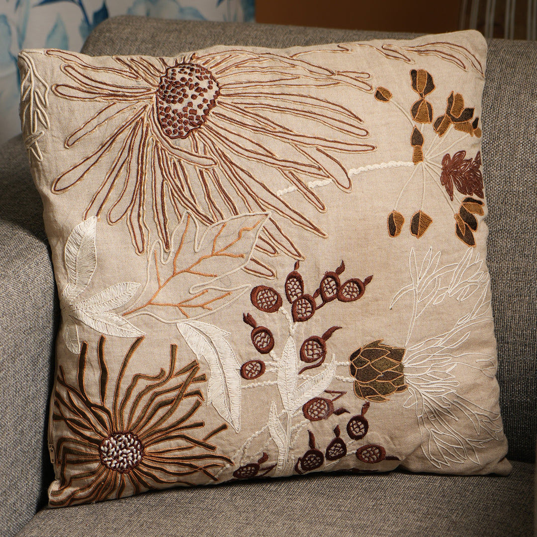 100% Linen Embroidery Cushion  Beige, Brown