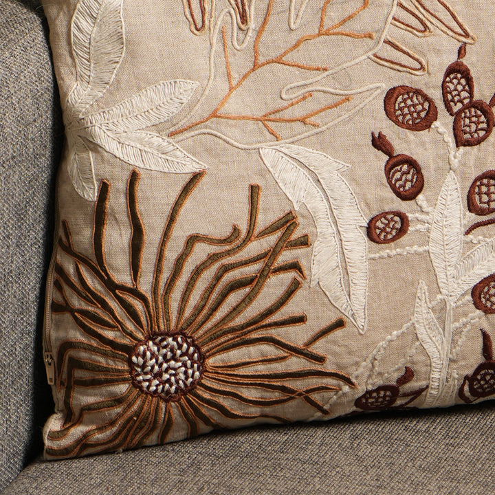 100% Linen Embroidery Cushion  Beige, Brown