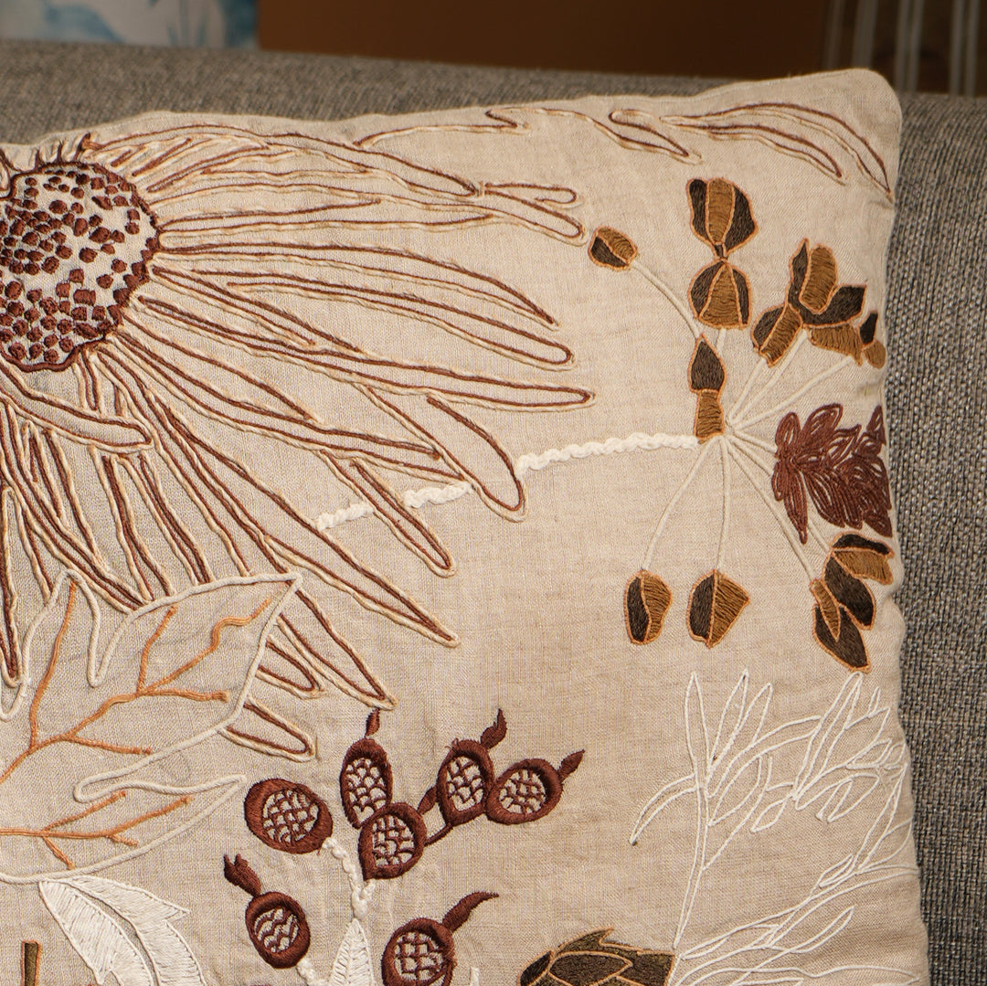 100% Linen Embroidery Cushion  Beige, Brown