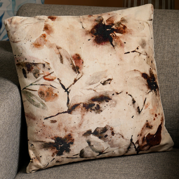 100% Cotton Velvet Printed Cushion Beige - Brown