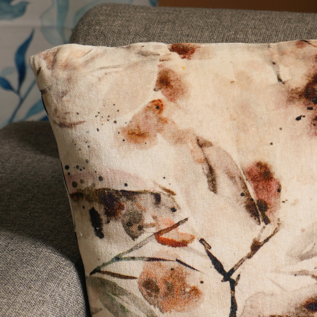 100% Cotton Velvet Printed Cushion Beige - Brown