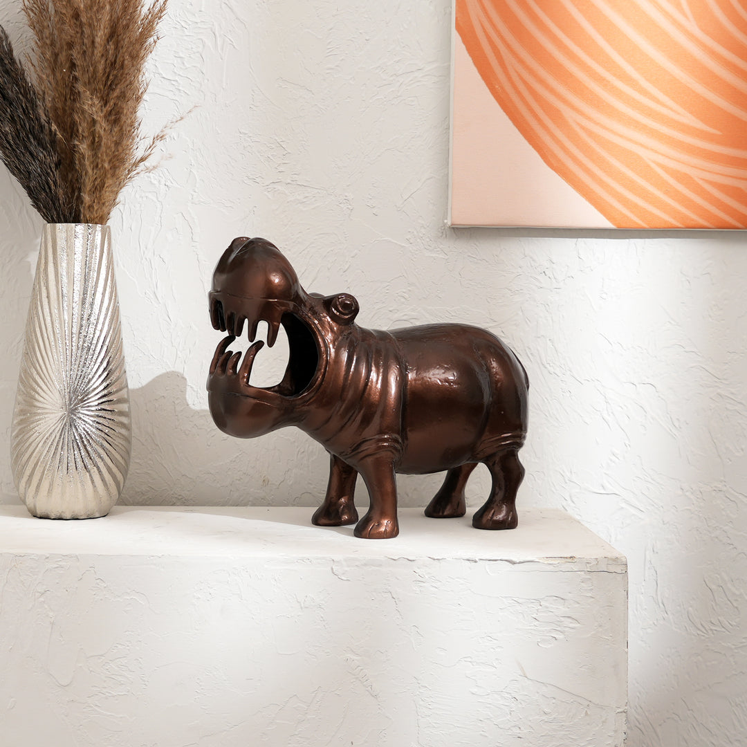 Decorative Happy Hippo Aluminum Figurine with Copper Antique Finish, 14x7x11.5" | Unique Animal Sculpture