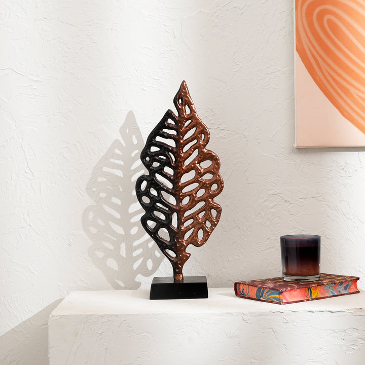 Ornate Gold Aluminum Leaf Table Sculpture on Black Base – 17.5" Elegant Décor Accent