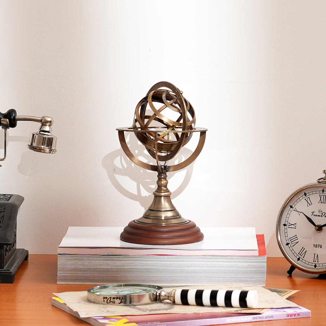 Decorative 4" Brass Armillary Sphere with Wood Base for Desk or Shelf Display