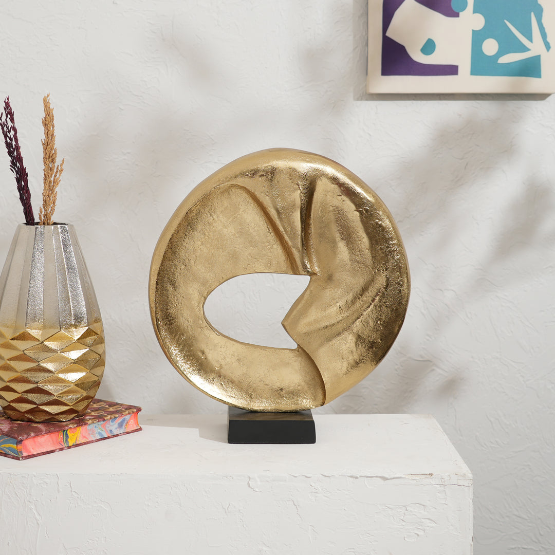 Rustic Circular Flow 15.25" Table Sculpture | Aluminum Décor Art Piece on Black Base