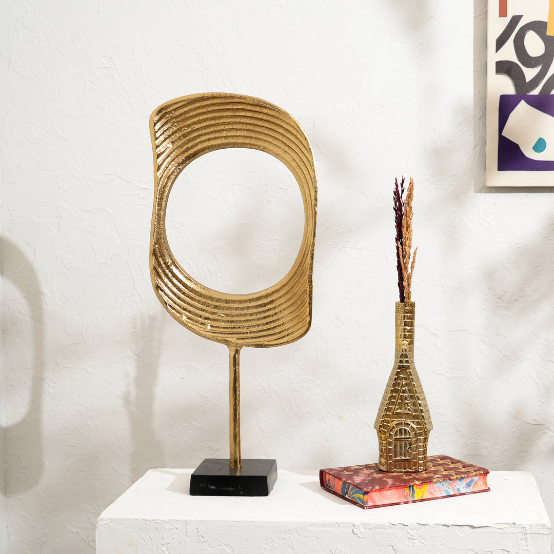 Gold & Nickel Aluminum Ring Sculptures with Black Base – Set of 2 (23" & 21" H)