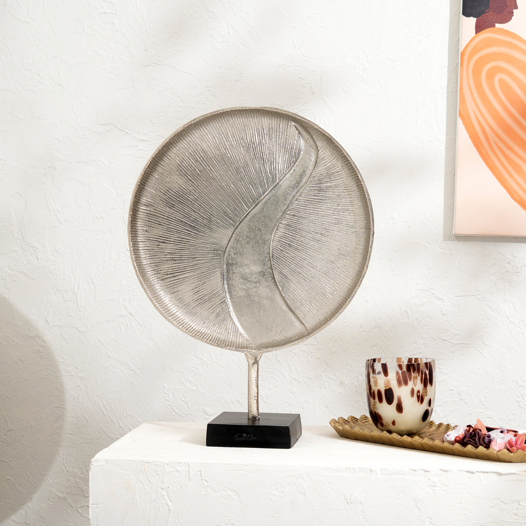 Metallic Sphere Table Accent – Aluminum Sculpture with Black Base (13.5" x 4.5" x 17")