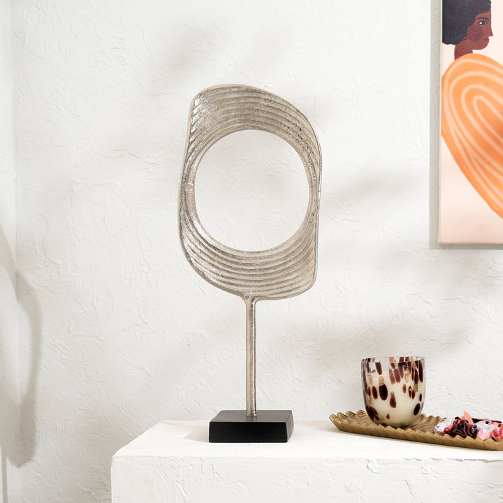 Gold & Nickel Aluminum Ring Sculptures with Black Base – Set of 2 (23" & 21" H)