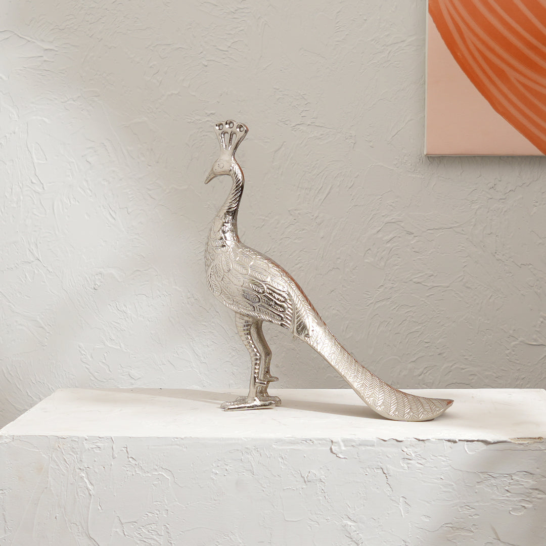 Regal Peacock Nickel Finished Aluminum Figurine – 11x3x3" Elegant Table Decor Sculpture