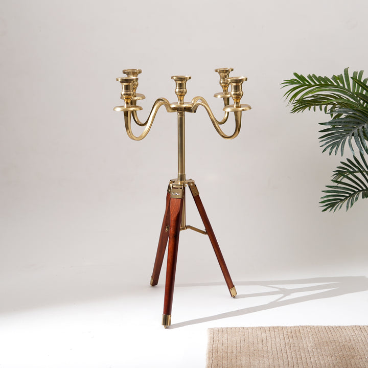 Elegant Tripod Candle Holder – Gold Polished Aluminum with Wood Detailing (17x17x31")