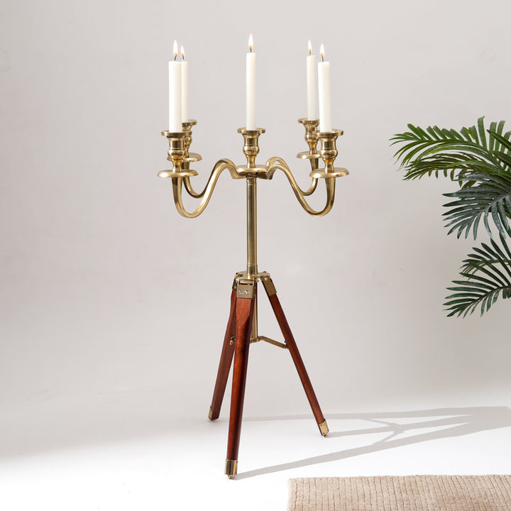 Elegant Tripod Candle Holder – Gold Polished Aluminum with Wood Detailing (17x17x31")