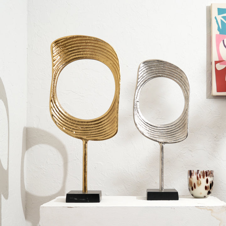 Gold & Nickel Aluminum Ring Sculptures with Black Base – Set of 2 (23" & 21" H)