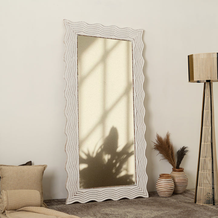 Wooden Wall Mirror | Rustic White Solid Wood Hand Carved Frame | Handmade Decorative Mirror Accent | Living Room, Bedroom & Entryway