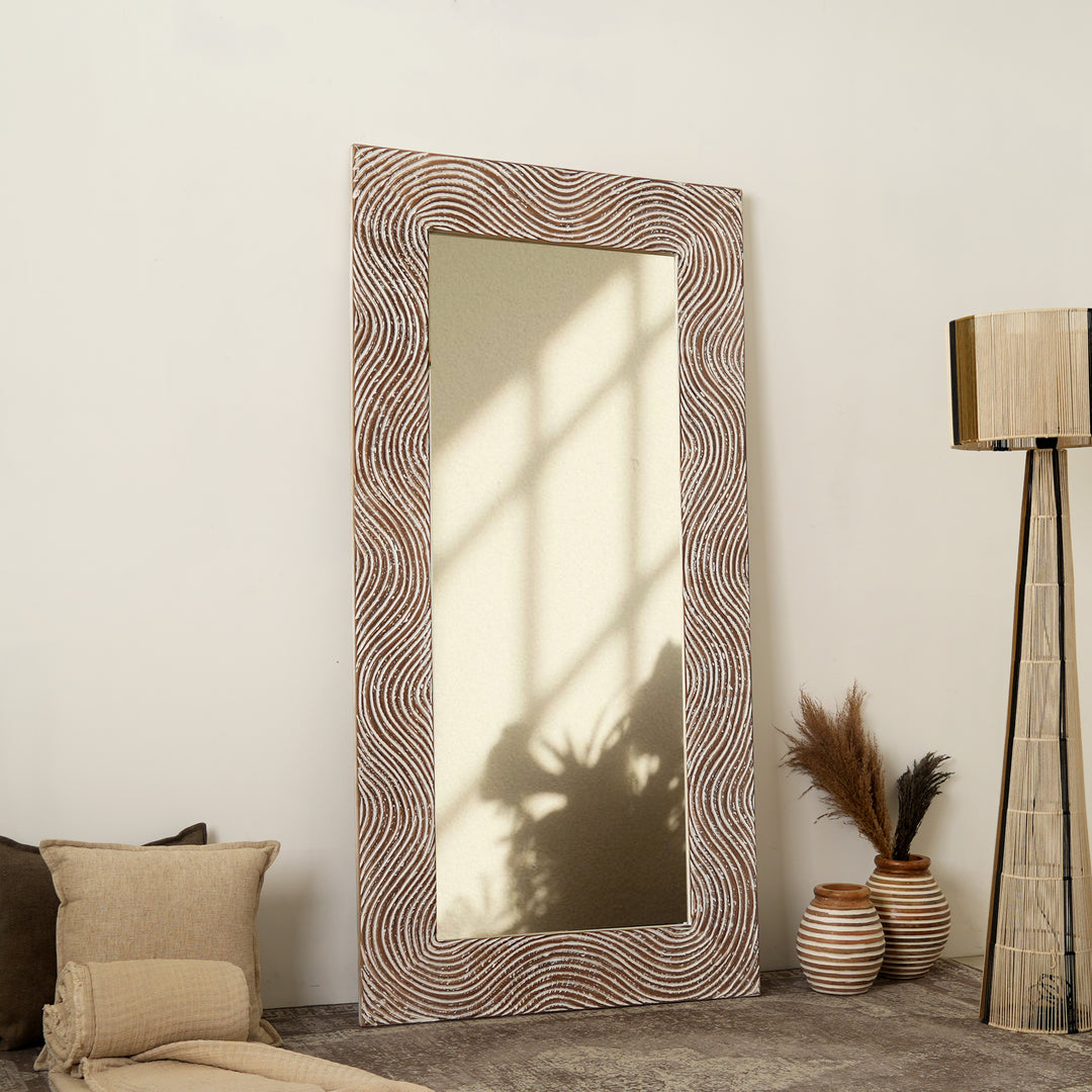 Wooden Wall Mirror | Rustic White Solid Wood Hand Carved Frame | Vintage Farmhouse Home Decor | Living Room, Bedroom & Entryway