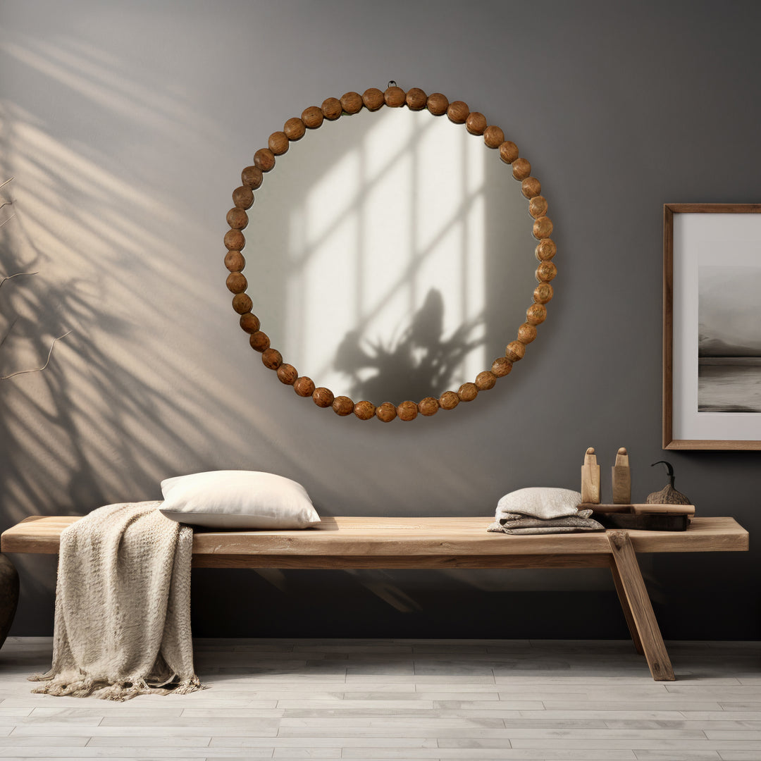 Decorative Wall Mirror | Wood Bead Design Frame | 32" Round Mirror | Living Room, Bedroom & Entryway Wall Accent