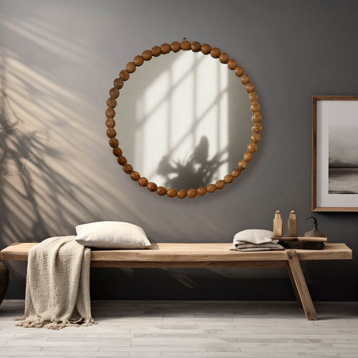 Decorative Wall Mirror | Wood Bead Design Frame | 32" Round Mirror | Living Room, Bedroom & Entryway Wall Accent