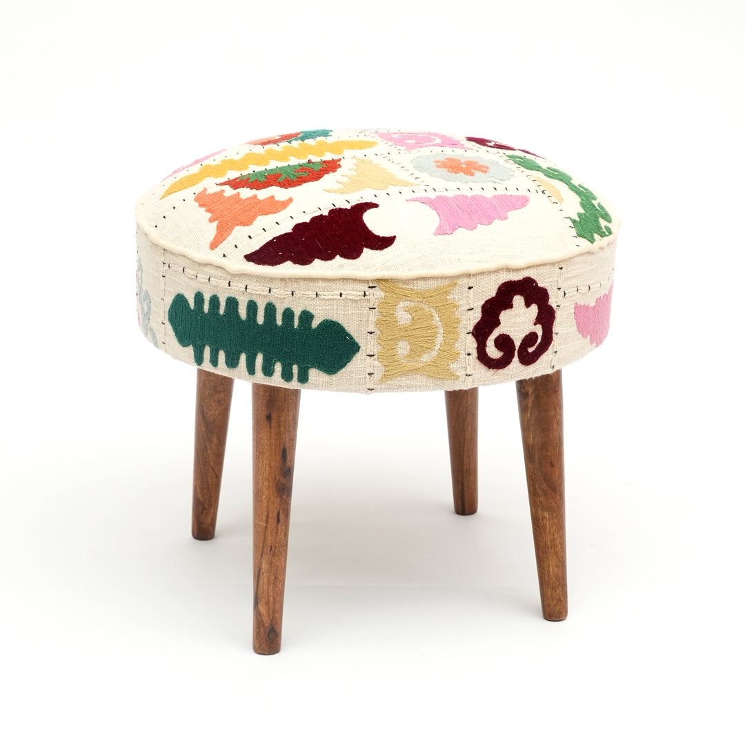 Suzani Patterned Accent Stool | 20x18" | White Cotton Fabric