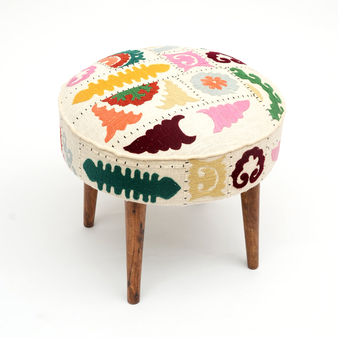 Suzani Patterned Accent Stool | 20x18" | White Cotton Fabric
