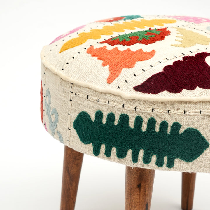 Suzani Patterned Accent Stool | 20x18" | White Cotton Fabric