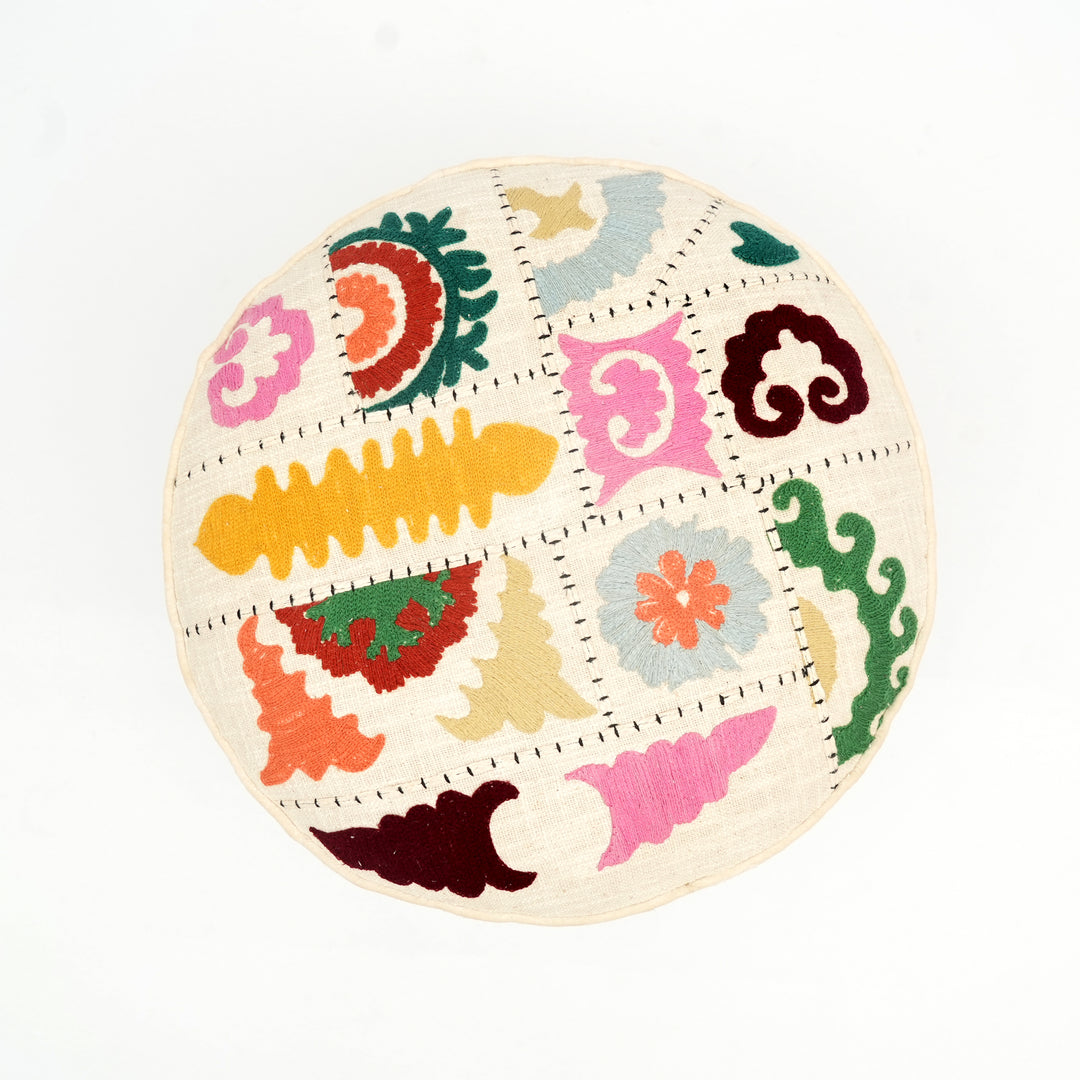Suzani Patterned Accent Stool | 20x18" | White Cotton Fabric