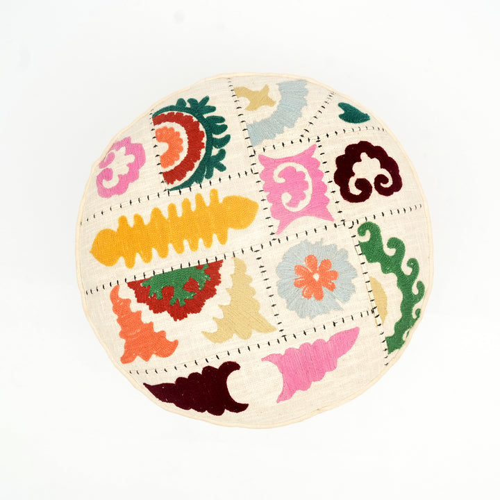 Suzani Patterned Accent Stool | 20x18" | White Cotton Fabric