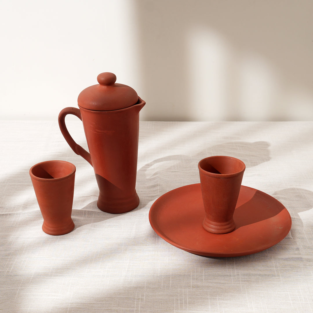 Handcrafted Clay Water Jug Set with 2 Cups | Natural Terracotta Drinkware