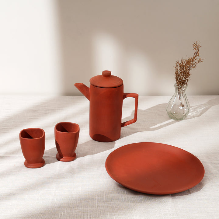 Handcrafted Clay Jug & Glass Set | Rustic Terracotta Pitcher Water Serving