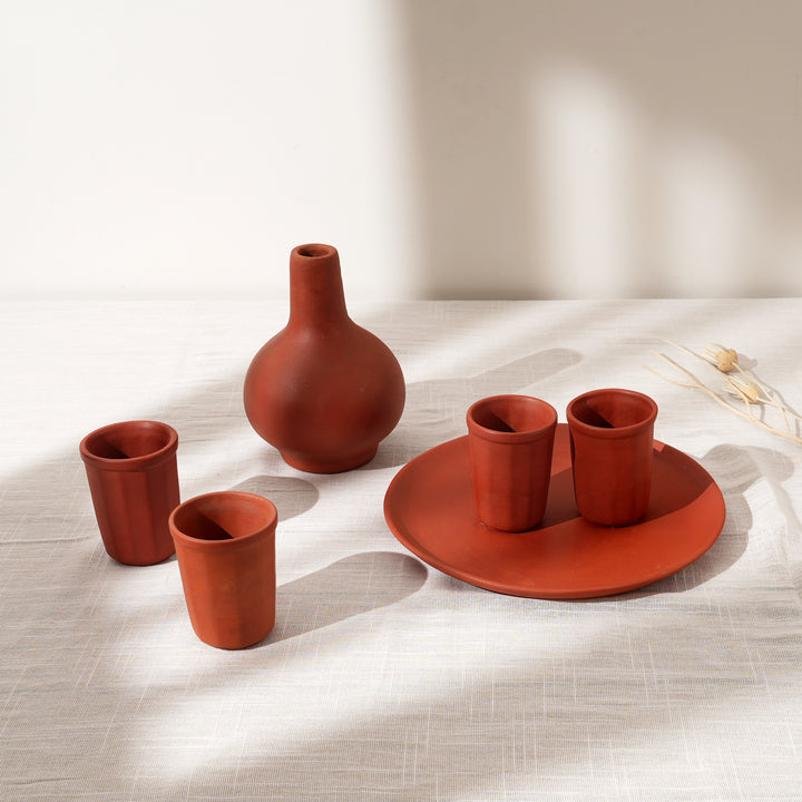 Clay Surai Bottle Set | Traditional Earthenware Water Pitcher with 4 Glasses