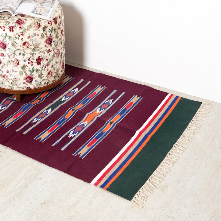 Handwoven Cotton Area Rug | 36x60” Green & Maroon