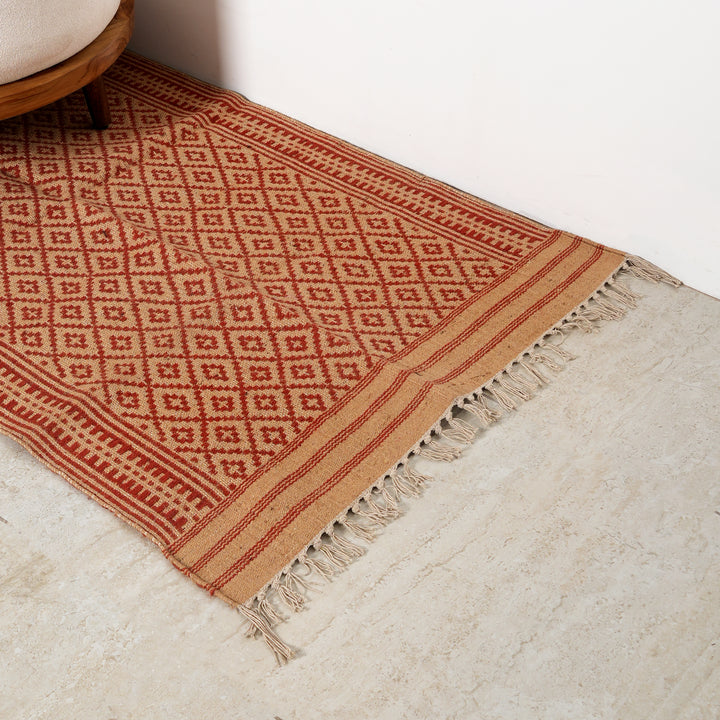 Handwoven Jute & Cotton Durry | Natural Beige & Red Flatweave Rug-36X60"