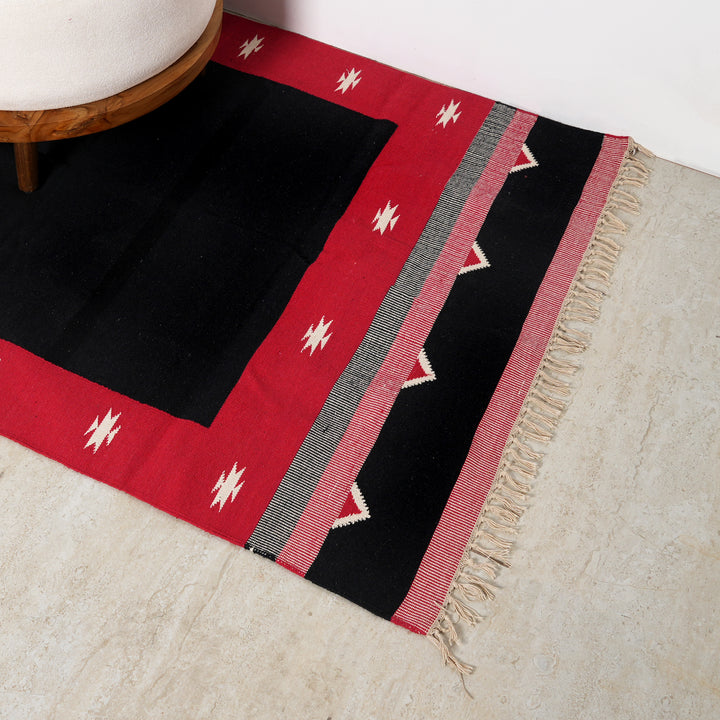Keelam Warangal Durry | Black, White & Red Handwoven Rug | 72x48"