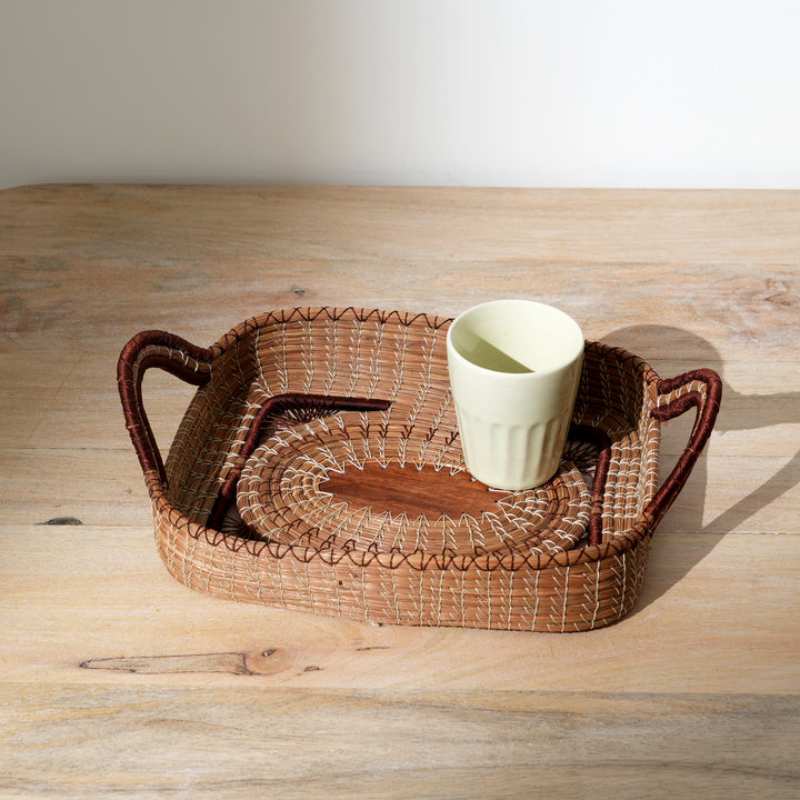 Pine Needle Fruit Basket | Handcrafted Wood Base Natural Basket