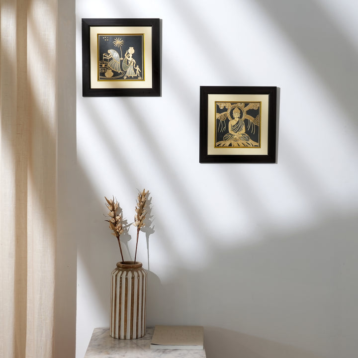 Handcrafted Framed Sikki Grass Painting of Village Life | Golden & Black