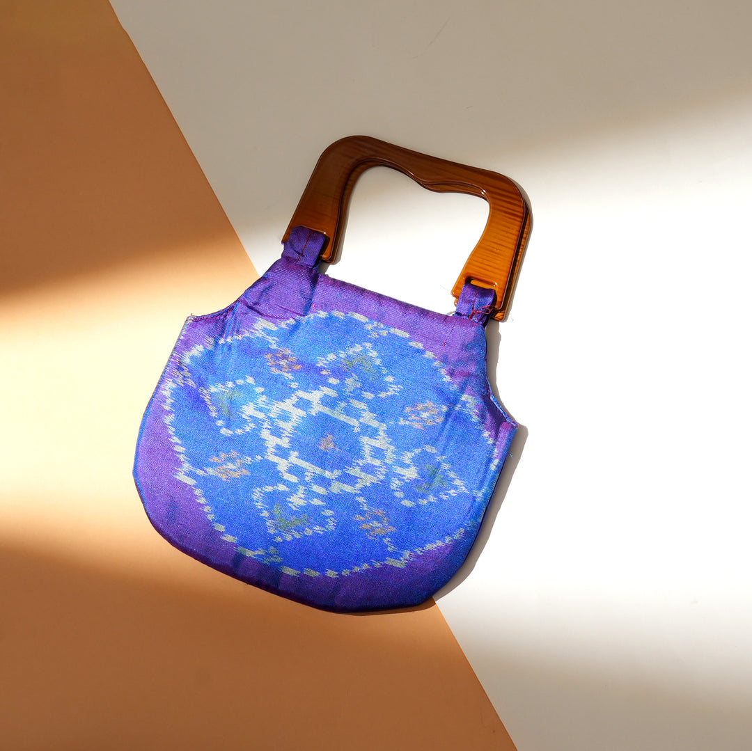 Handcrafted Ikat Blue Carry Bag with Wooden Handle | Traditional Elegance in a Modern Form